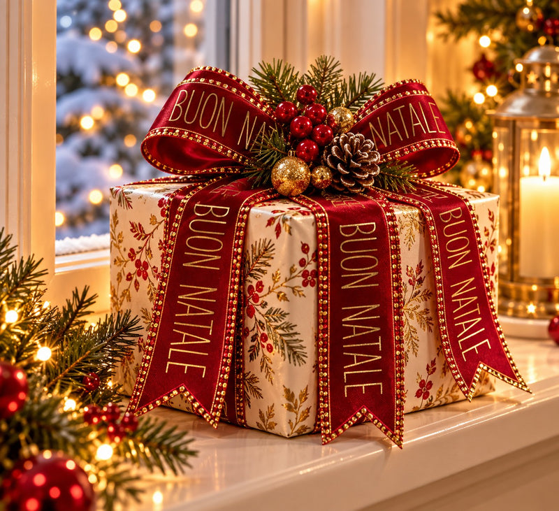 Piovaccari Ruban Buon Natale Red Dahlia Rouge 40 mm x 15 m – Ruban décoratif de Noël avec inscription Buon Natale pour sapin, nœuds, paquets cadeaux et décorations de Noël