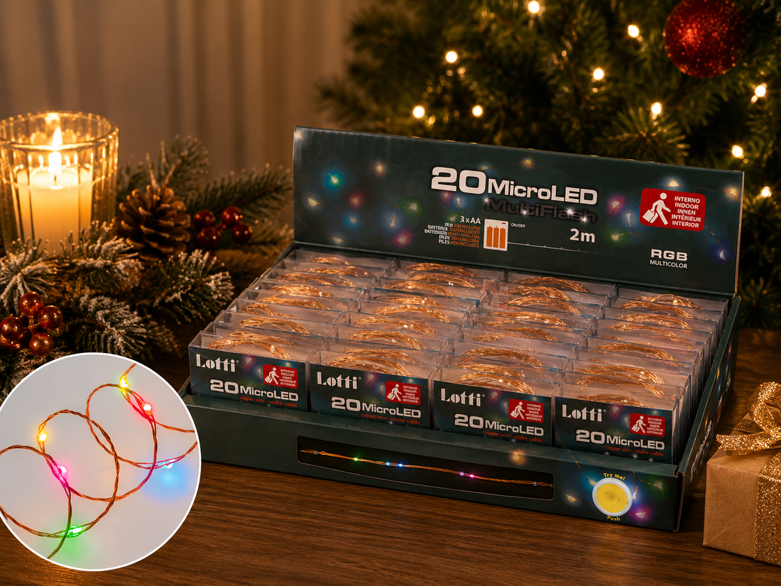 Lots de guirlandes de Noël 20 micro LED RGB 2 Mt 3 x AA Boîte PVC