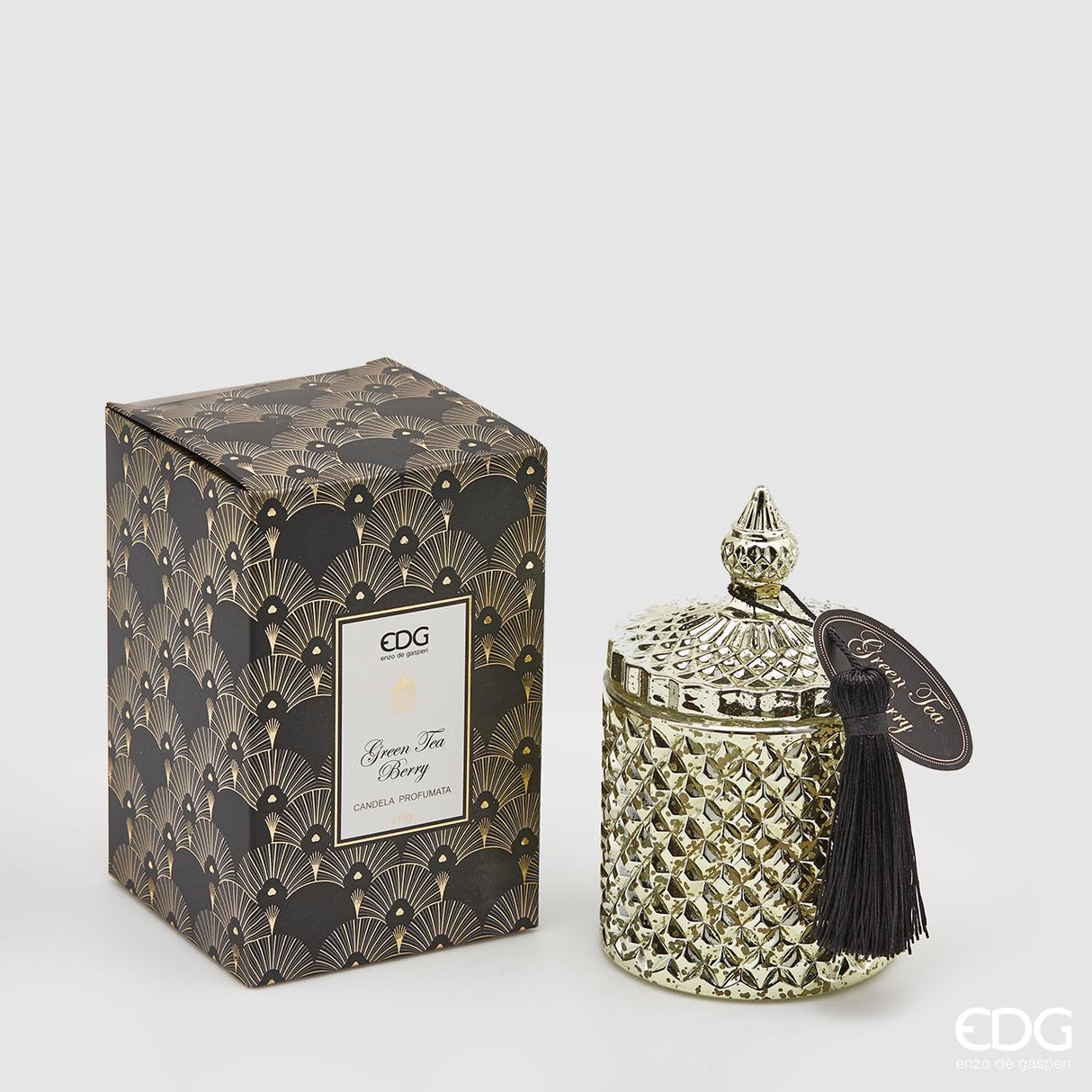 Bougie EDG Enzo De Gasperi avec verre et pompon H 14 cm P 8 cm Thé vert Bea