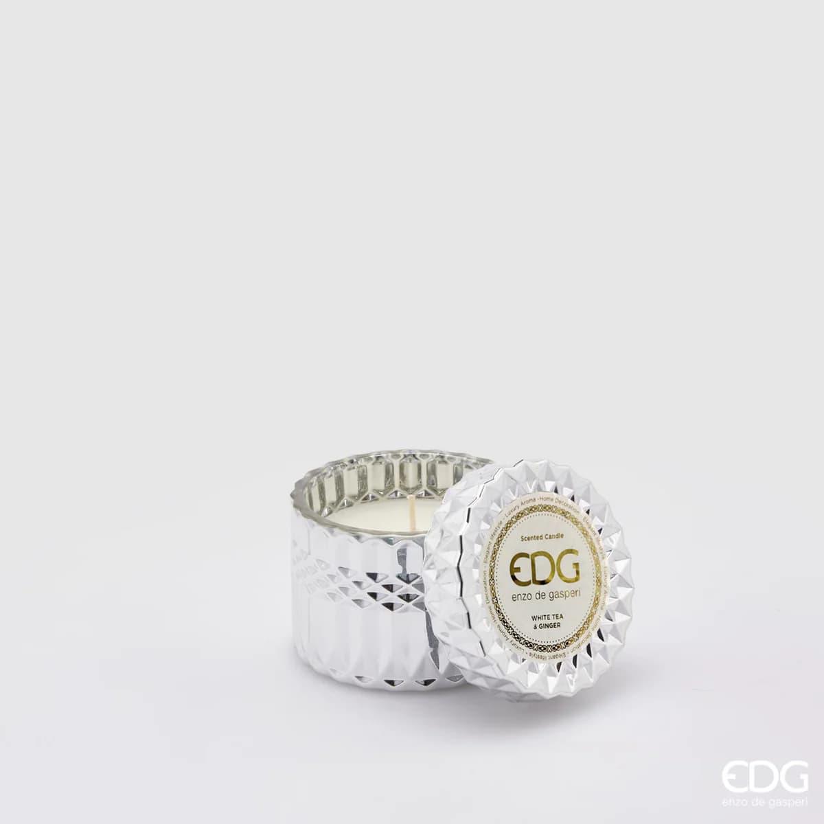 Bougie en cristal EDG Enzo De Gasperi, neuve + coffret cadeau, hauteur 8,5 cm, diamètre 9 cm, thé blanc et gingembre