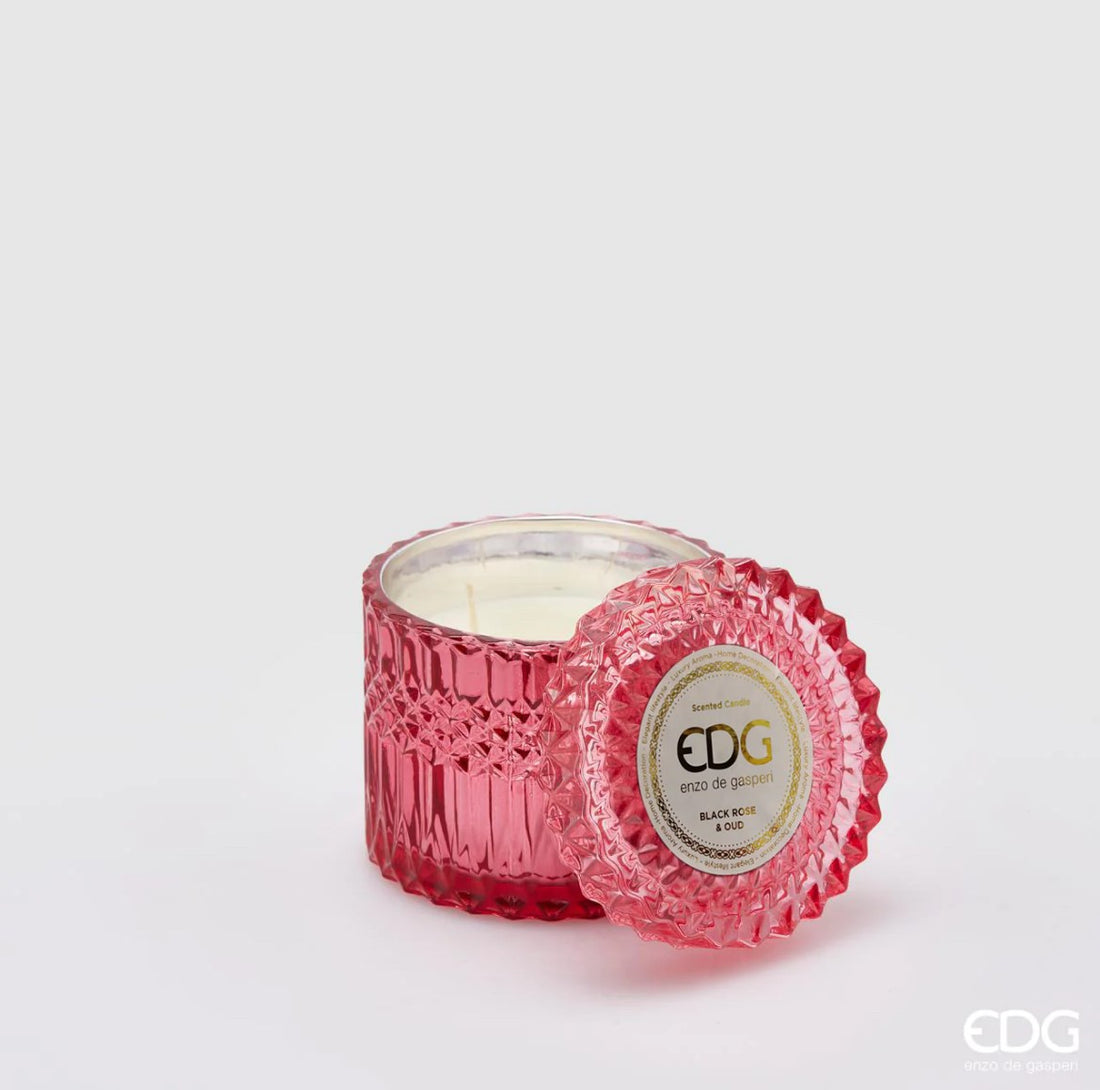 Bougie en cristal EDG Enzo De Gasperi Neuve + Coffret Cadeau H10,5 D11 Rose Noire et Oud