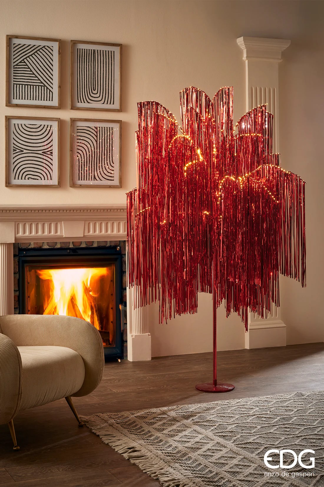 Sapin de Noël EDG Enzo De Gasperi Franges LED 600 Microled H 150 cm P 90 cm Rouge