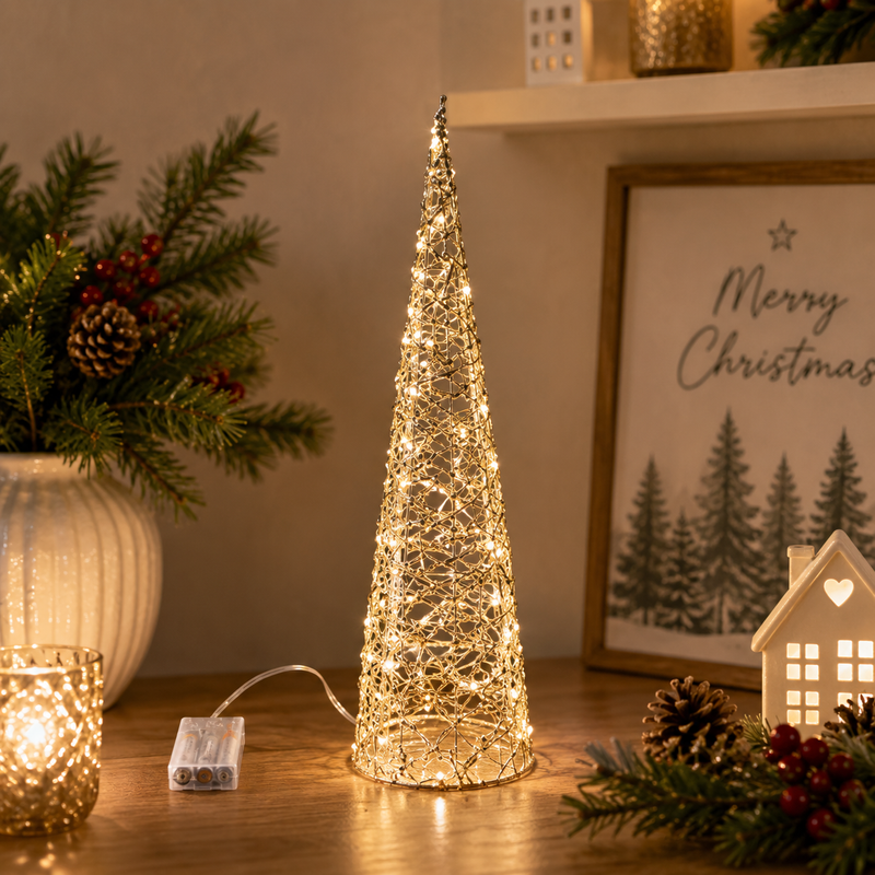 EDG Enzo De Gasperi Sapin de Noël LED enroulé en forme de cône, 40 micro-LEDs, 80 cm de hauteur, 20 cm de diamètre, IP20, doré.
