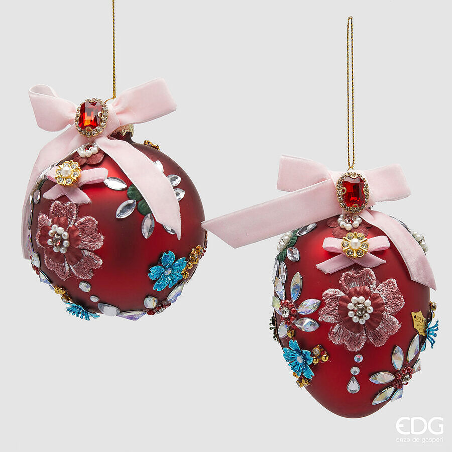 EDG Enzo De Gasperi Ornement Boule Œuf Boheme H13 Ø8 cm Bordeaux 2 Assortis – Décoration pour Sapin de Noël 1 Pcs