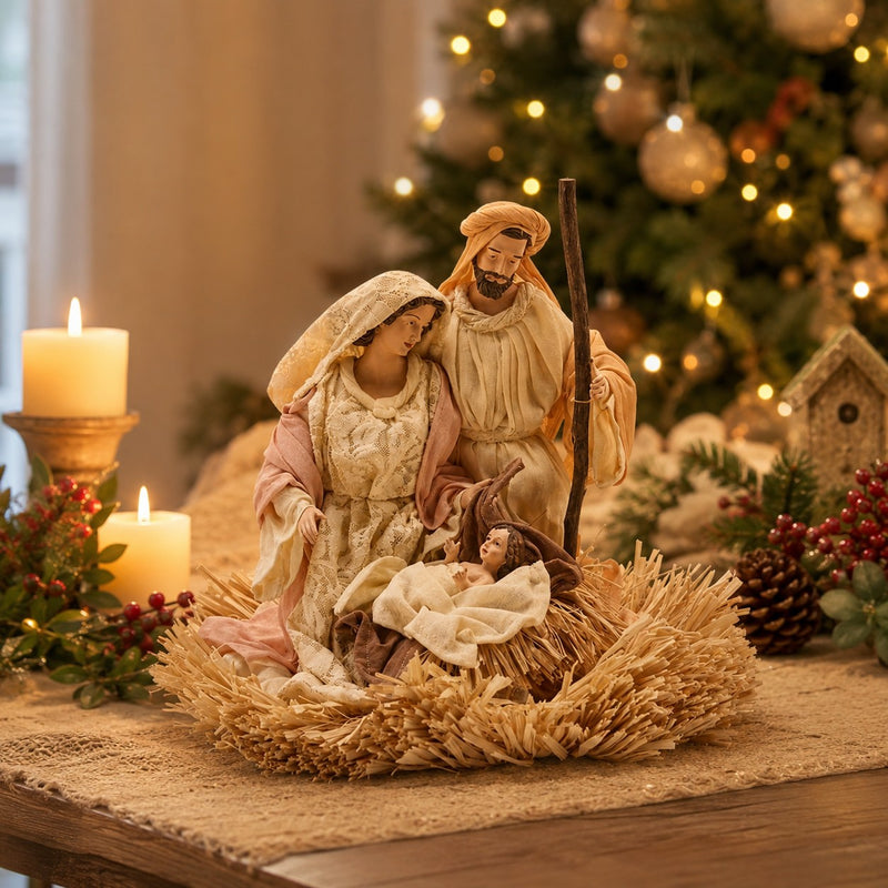 EDG Enzo De Gasperi Nativité Lord Noël avec socle en paille H 32 cm Ivoire