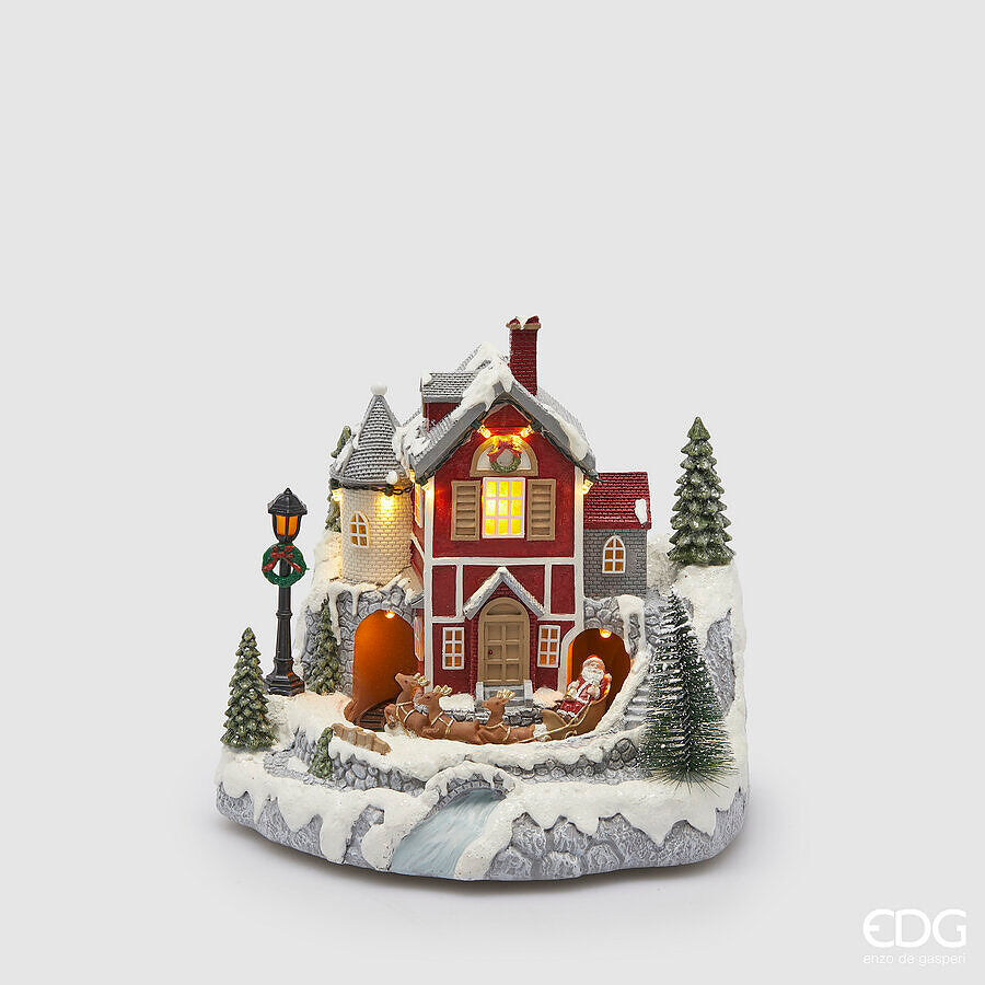 EDG Enzo De Gasperi Diorama Maison de Noël H 22,5 Cm L 22,5 Cm L 23 Cm Mov. + LED multicolores