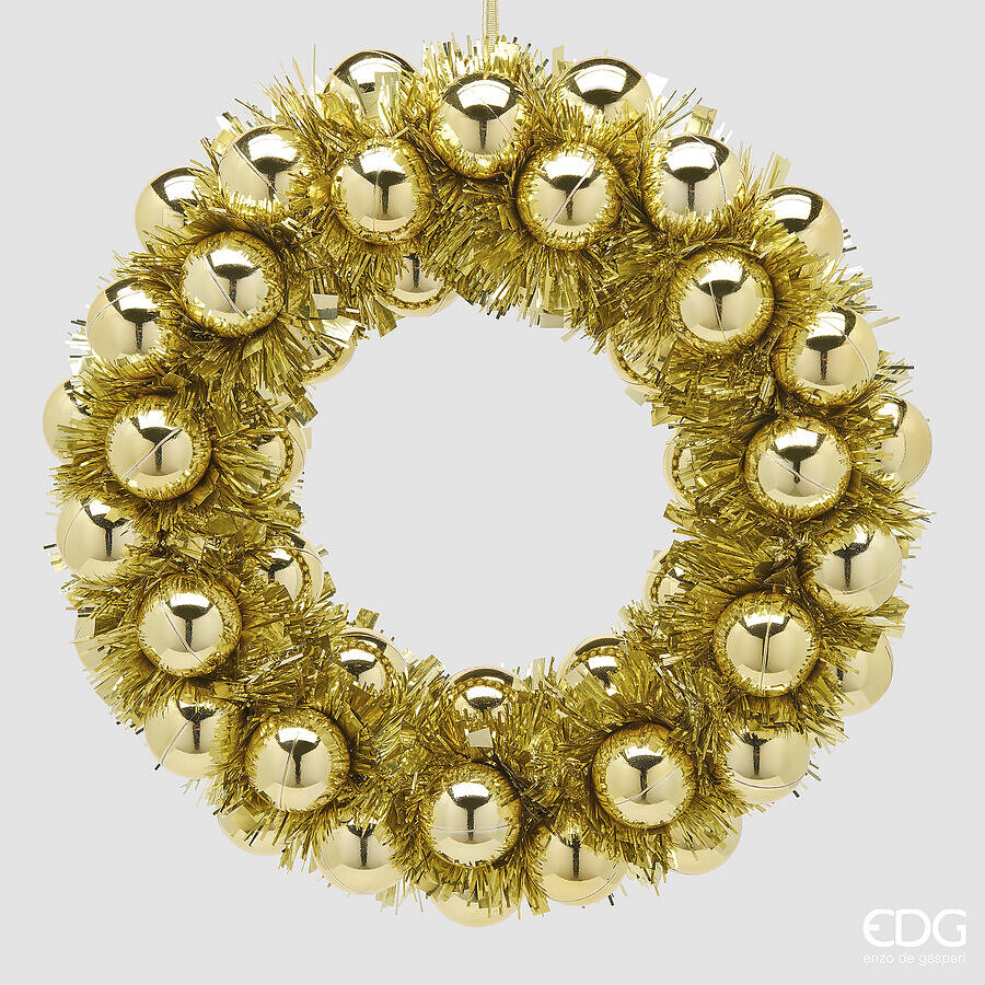 EDG Enzo De Gasperi Couronne avec Boules à Suspendre Dorée Ø32xH6,5 cm – Décoration de Noël