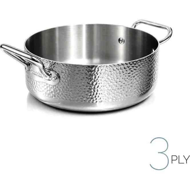 AGNELLI Casserole basse martelée Aluinox 3 plis 24x9,5 cm avec 2 poignées en acier inoxydable