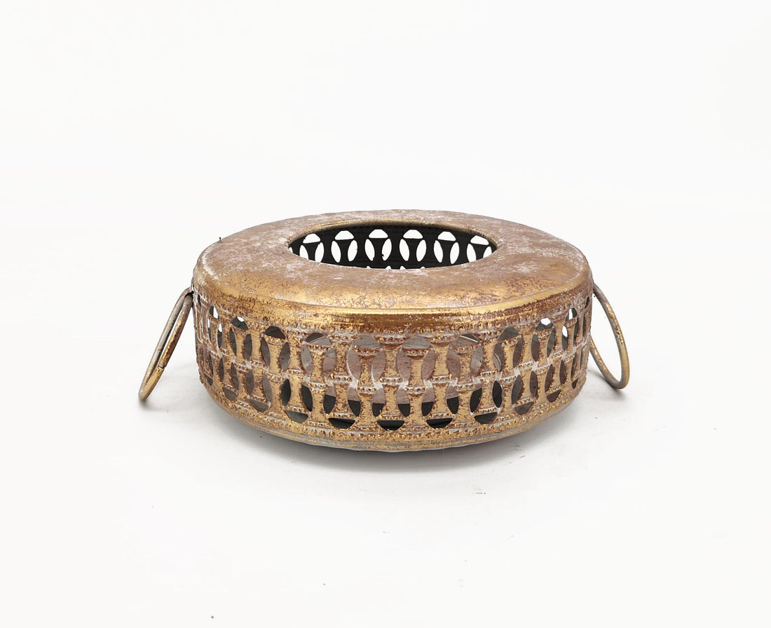 Lanterne circulaire basse en osier perforée H 12 cm P 14,20 cm