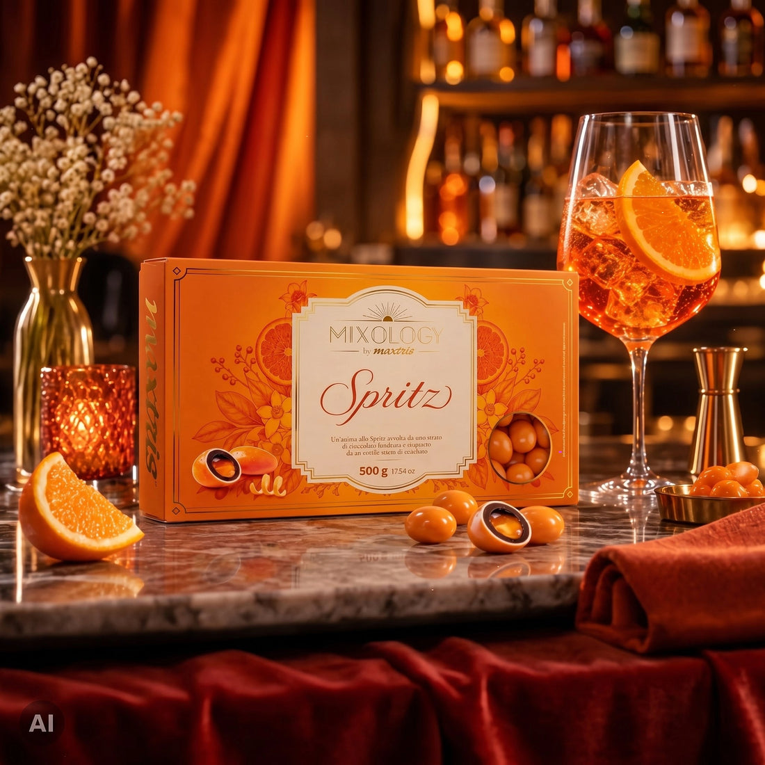 Dragées Maxtris Mixology Spritz 500 g – Dragées Oranges au Chocolat Noir avec Cœur Liquoreux au Goût Spritz pour Fêtes et Événements