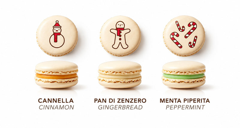 Maxtris Christmas Macarons Stampati 84 g 6 Pezzi – Macarons Natalizi ai Gusti Cannella, Pan di Zenzero e Menta Piperita – Idea Regalo di Natale