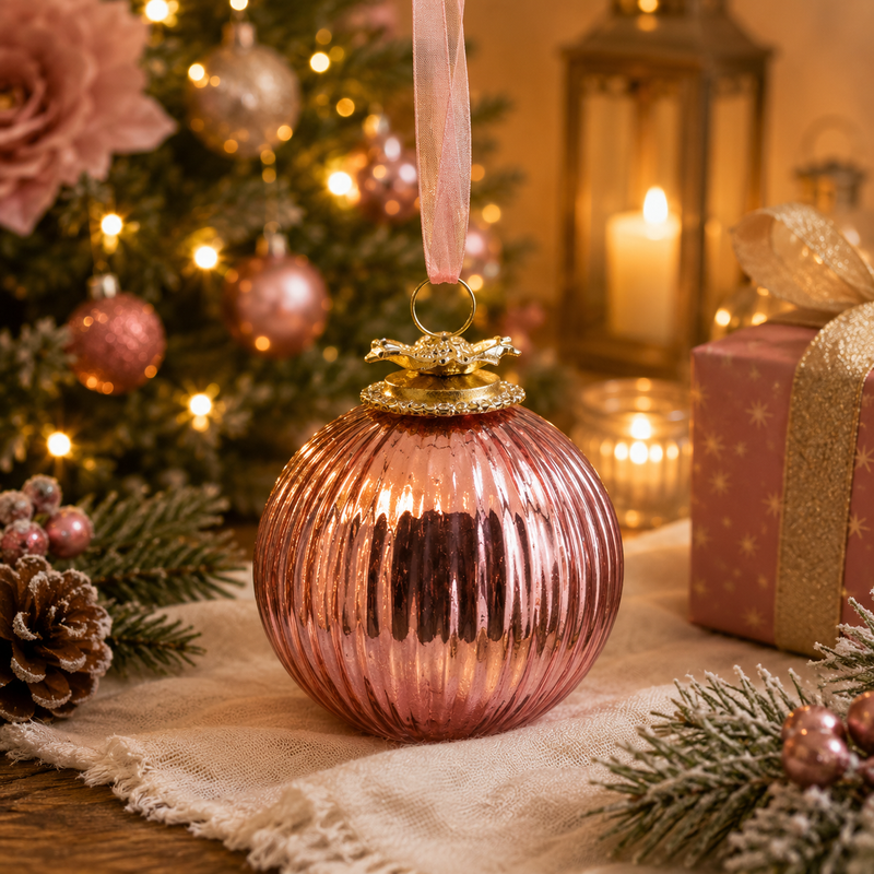 Boule de Noël EDG Enzo De Gasperi en verre à rayures, diamètre 10 cm, rose, 1 pièce
