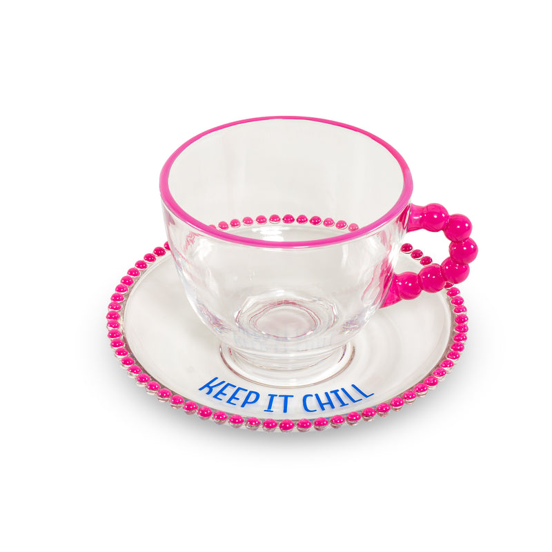 Lot de 2 tasses en verre WD LifeStyle de 230 ml avec soucoupes, décorations « Take it slow » et « Keep it chill », rose et bleu