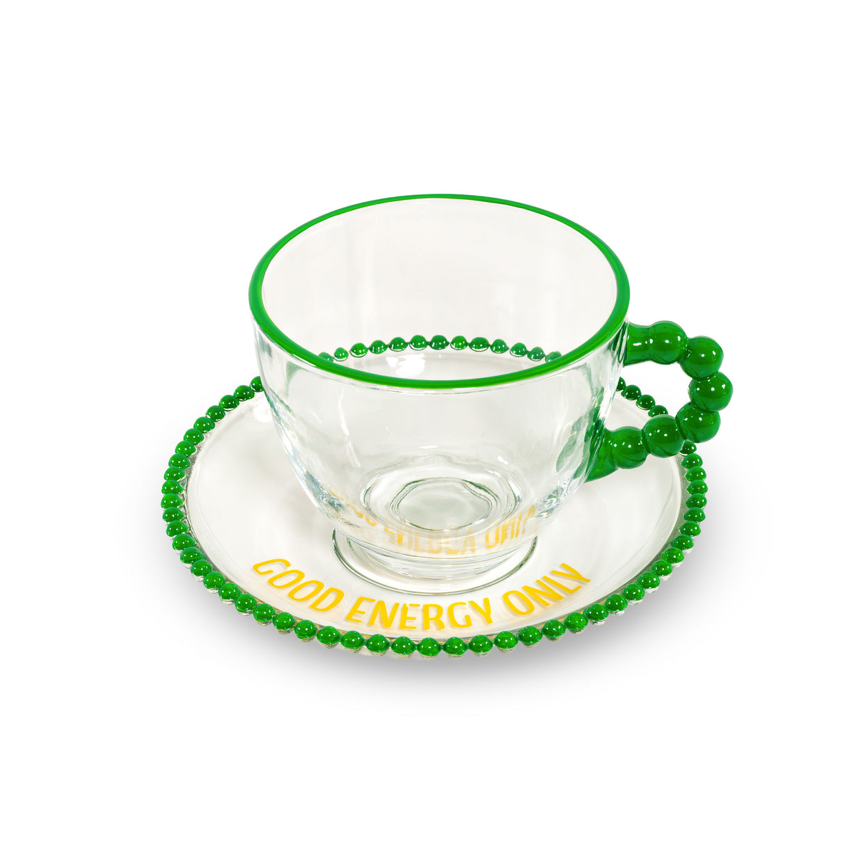 Lot de 2 tasses en verre WD LifeStyle de 230 ml avec soucoupes, décorées avec les inscriptions « Que de la bonne énergie » et « Pas de mauvais jours », jaune et vert.