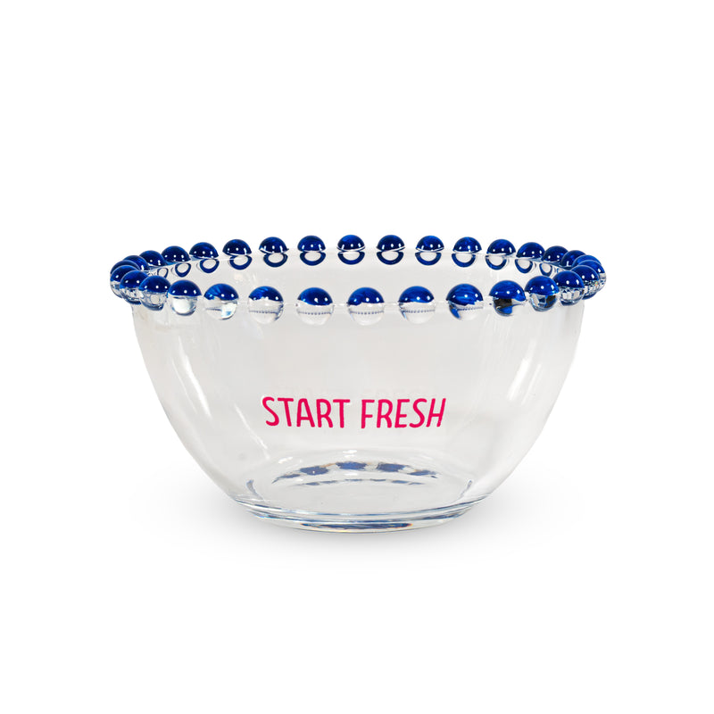 Lot de 2 bols en verre WD LifeStyle de 500 ml, décorés des inscriptions « Start fresh » et « Full of joy », rose et bleu.