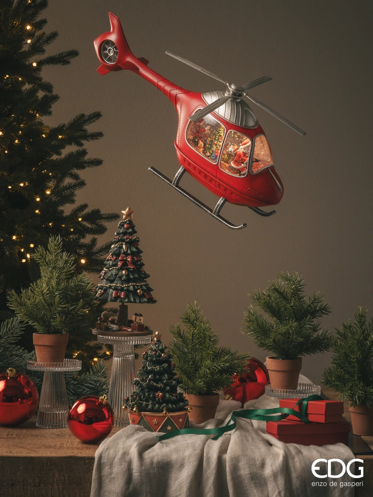 EDG Enzo De Gasperi Christmas Decoration Helicopter H 23 Cm W 47 Cm W 10.5 Cm Music Moving Led Red