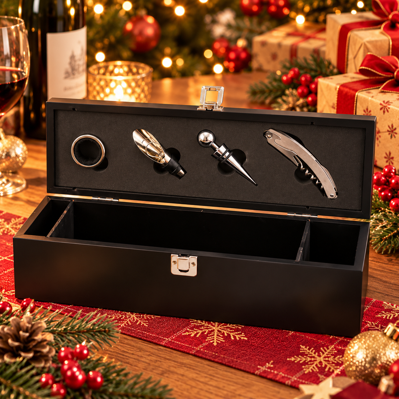 L'Arcolaio Wooden Set Vino 4 Pezzi – Cofanetto Rettangolare Nero con Accessori per Vino, Elegante Idea Regalo
