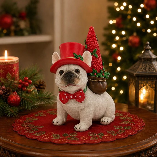 EDG Enzo De Gasperi Cane Bulldog con Pino H28,5 cm Bianco Rosso – Decorazione Natalizia