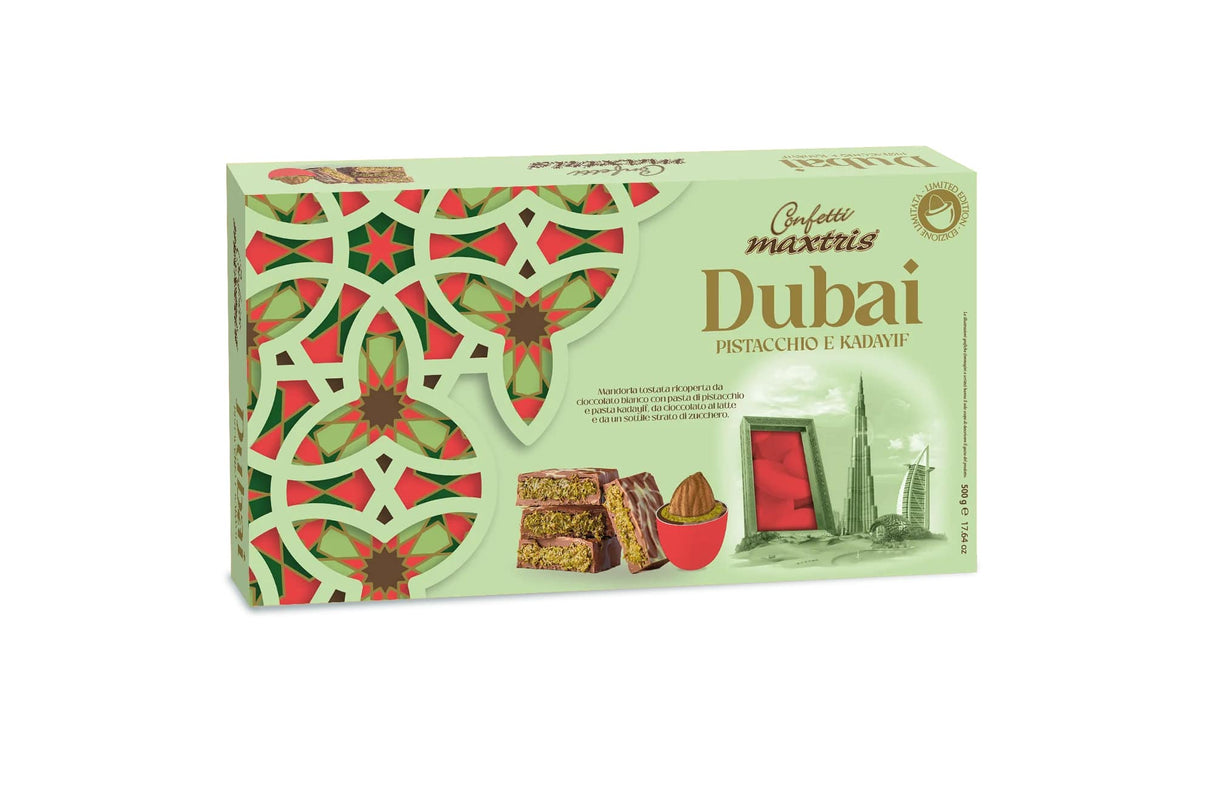 maxtris maxtris confetti ciocomandorla dubai rossa mandorla tostata e cioccolato al pistacchio 500 gr ean 8022470876864