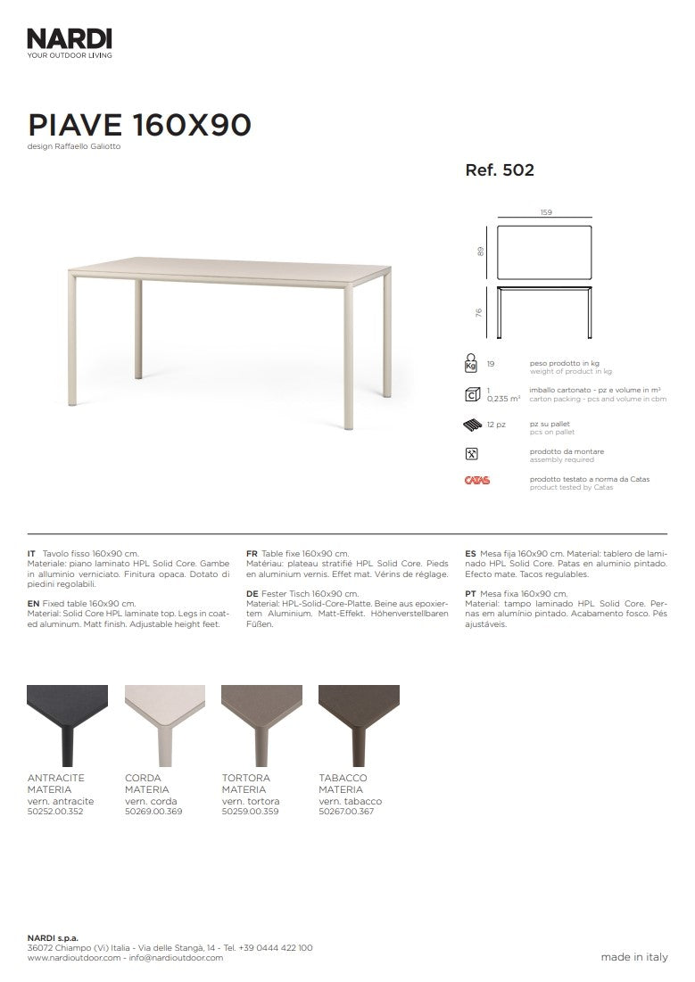 nardi nardi piave 160 x 90 tavolo rettangolare verniciato antracite lamin materia antracite ean 8010352555549