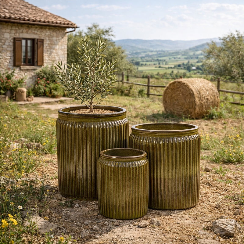 edg enzo de gasperi edg enzo de gasperi set 3 pz vaso glaze rotondo h 70 cm h 55 cm h 40 cm waterproof olive ean 8059824011503