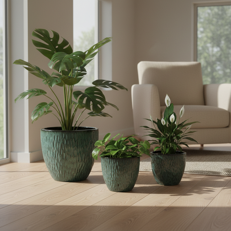 Decora con stile naturale. Regalo Italiano set 3 cachepot ceramica verde, H 23–29-35 cm, 3 misure abbinabili. Soggiorno e ingresso.
