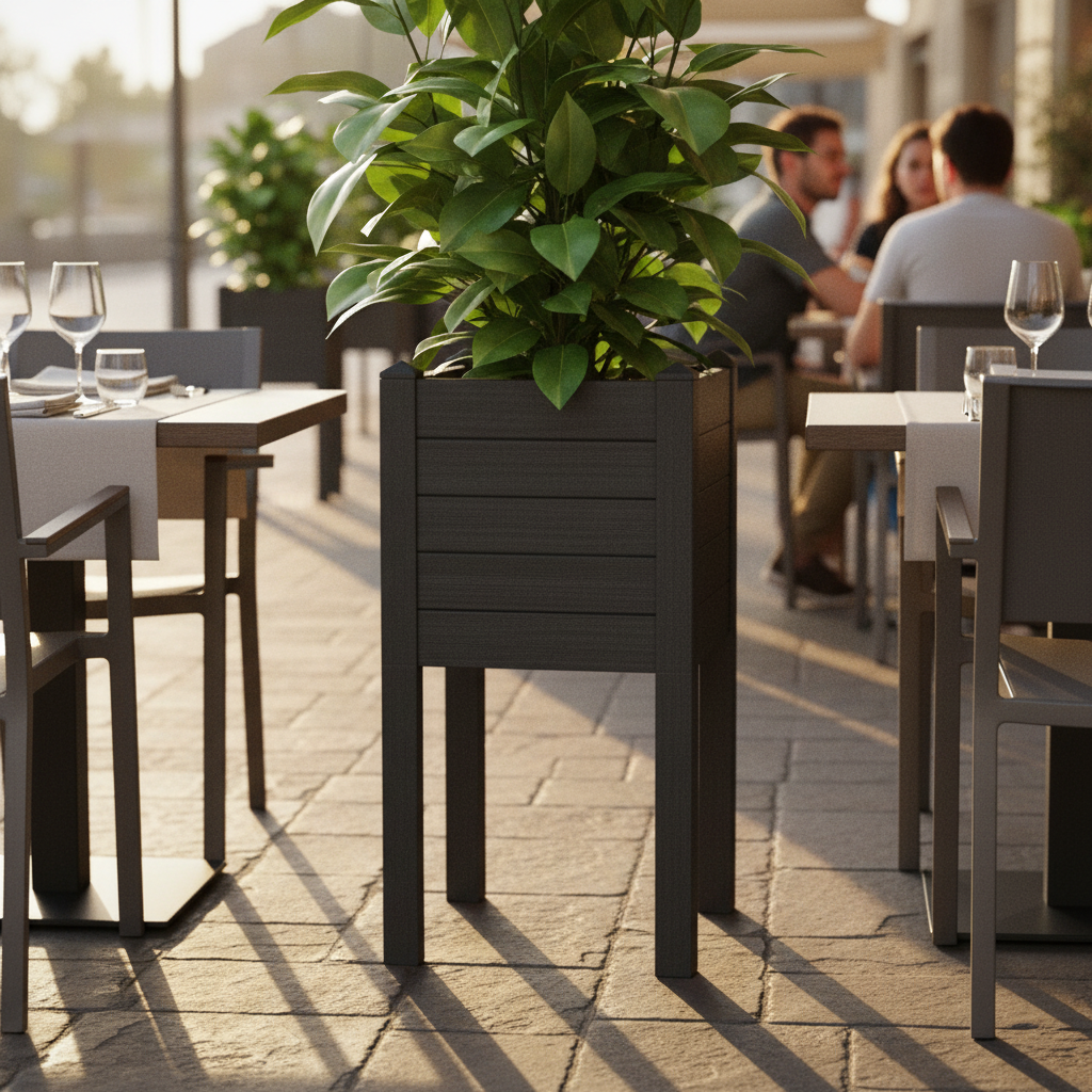 Fioriera alta in resina UV per esterni e interni. TeraPlast Trama 014 Cenere, 42×42×H80 cm, –30°/+60°C, 100% riciclabile.
