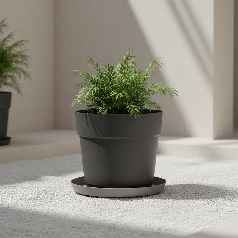 Sottovaso rotondo plastica riciclata 100%, Ø33 cm, Fog Grey Grigio Chiaro. TeraPlast Orma Saucer 33, −30°/+60°C, compensa CO₂ ean-8051560268401