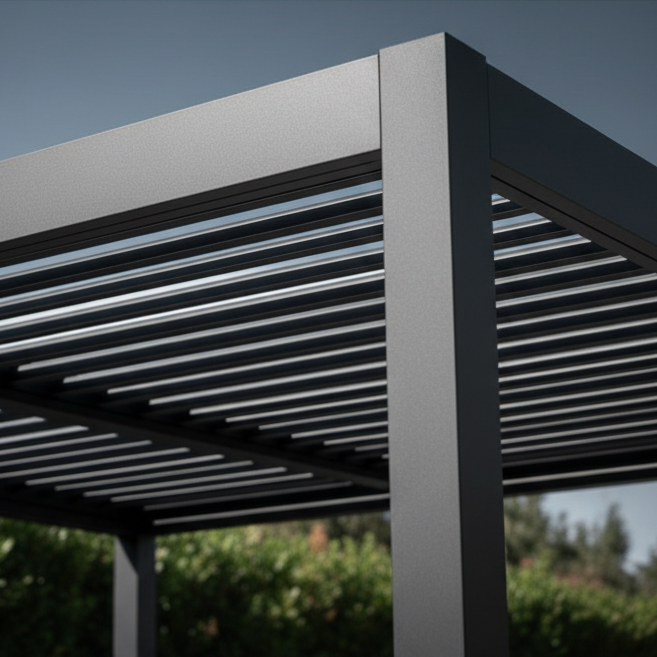 Pergola Bioclimatica Vulcano 4x4 Antracite – Dettaglio Lamelle Ombre Geometriche Drammatiche