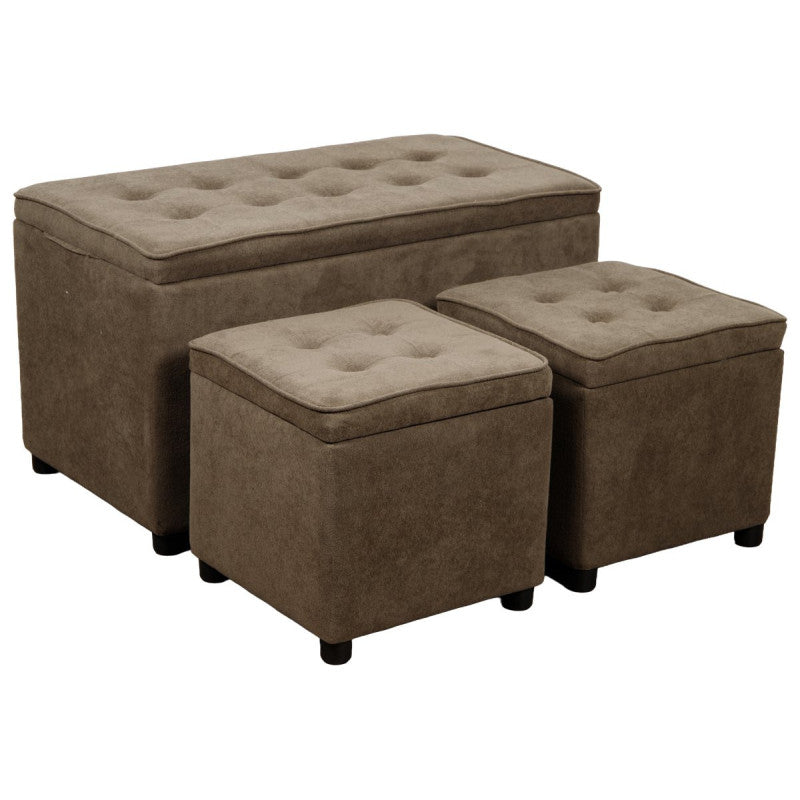 Ensemble Dimo 3 Coffres + 2 Poufs Braies en Tissu, Gris Tourterelle