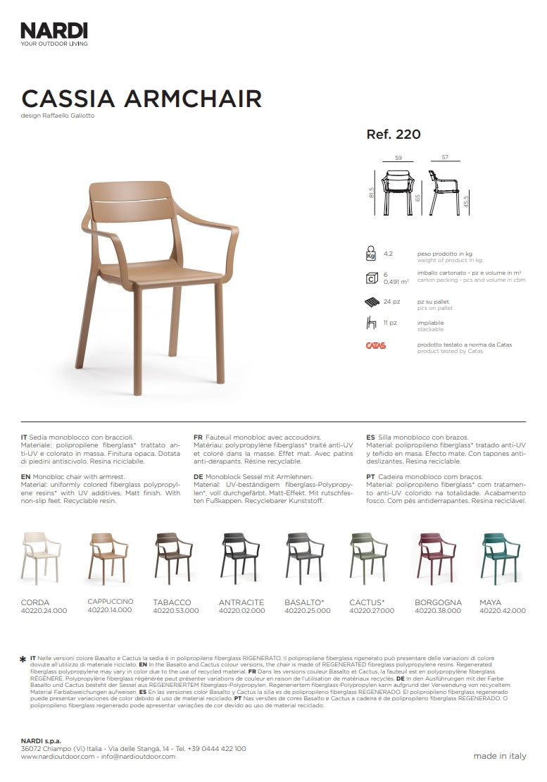 Nardi Chaise Cassia Fauteuil Anthracite Accoudoirs Empilable