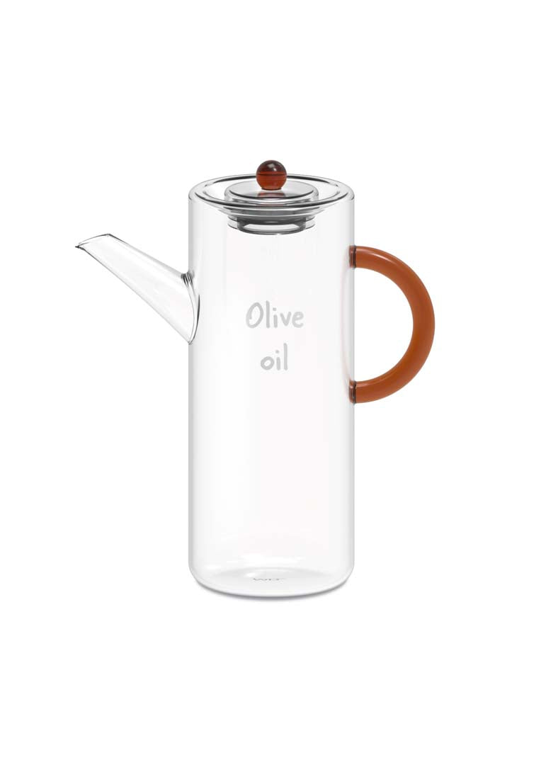 WD Lifestyle Oliera in Vetro Borosilicato Trasparente con Manico Marrone e Scritta Olive Oil – Oliera da Tavola