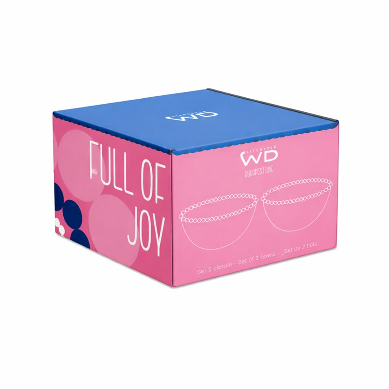 Lot de 2 bols en verre WD LifeStyle de 500 ml, décorés des inscriptions « Start fresh » et « Full of joy », rose et bleu.
