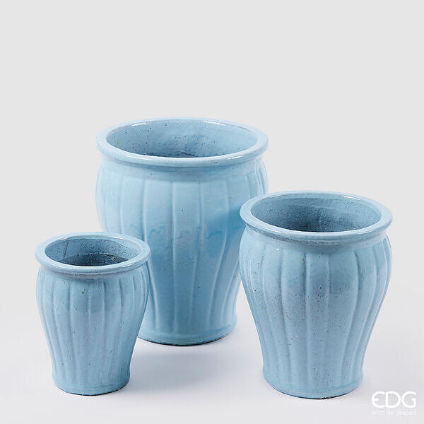 EDG Enzo De Gasperi Lot de 3 vases évasés à rayures émaillées Bleu clair H 40 cm H 33 cm H 25,50 cm