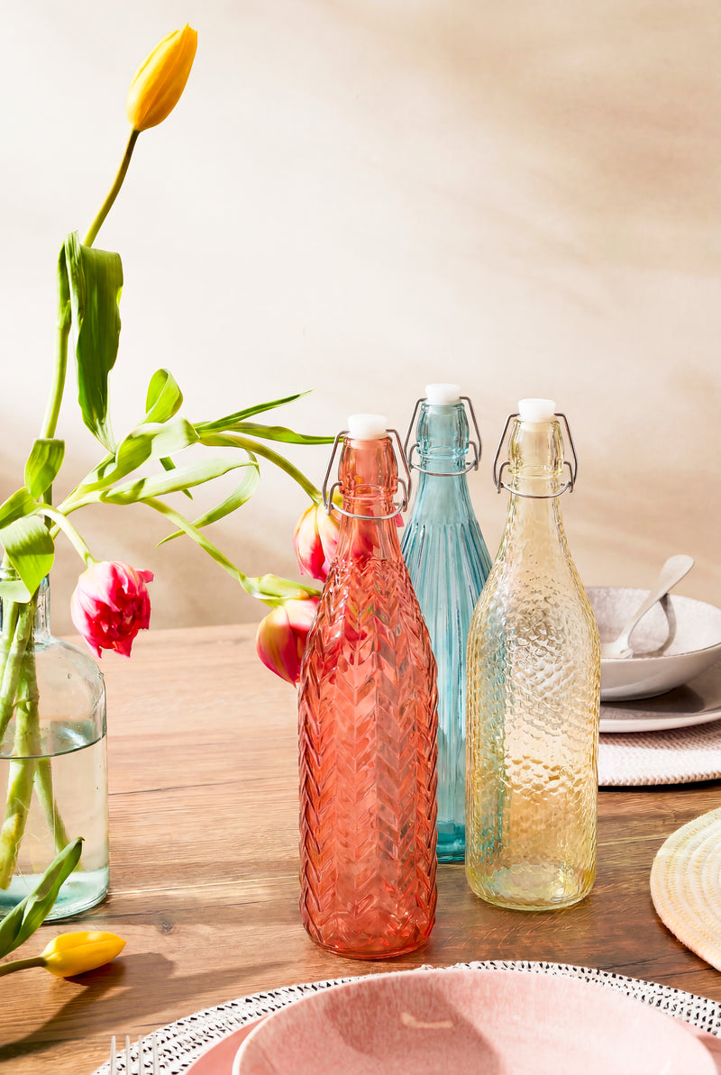 Dimo Chroma Bouteille en Verre 1 L avec Bouchon à Clip – Bouteille pour Eau et Boissons, Couleurs Assorties 1 pcs