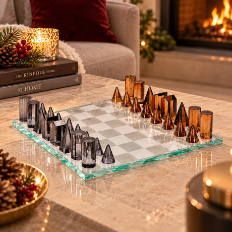 Bizzotto Décoration Échecs Carlson Transparent Argent et Ambre 37x37 cm – Décoration Élégante pour la Maison et Idée Cadeau de Noël
