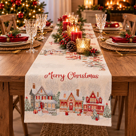 Bizzotto Runner Natalizio Village Blanc 183x33 cm – Centre de Table Décoratif pour la Table de Noël