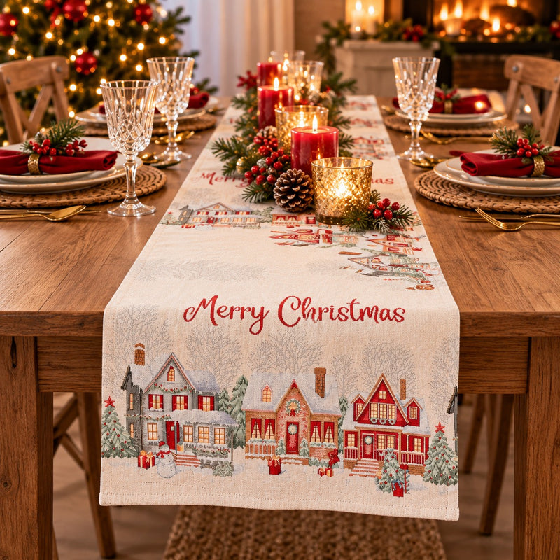 Bizzotto Runner Natalizio Village Blanc 183x33 cm – Centre de Table Décoratif pour la Table de Noël