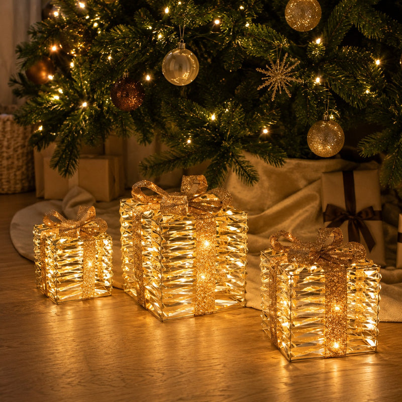 Bizzotto Set 3 Pacchi Regalo Kinsey con Micro LED Classic D 15x17, D 20x23 e D 25x30 cm Decorazioni Natalizie Luminose