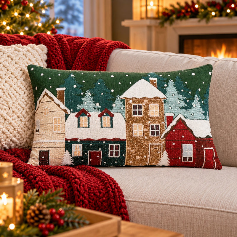 Bizzotto Coussin Noël Snowlyn Paysage Vert 30x50 cm – Coussin Décoratif de Noël avec Housse et Rembourrage en Polyester