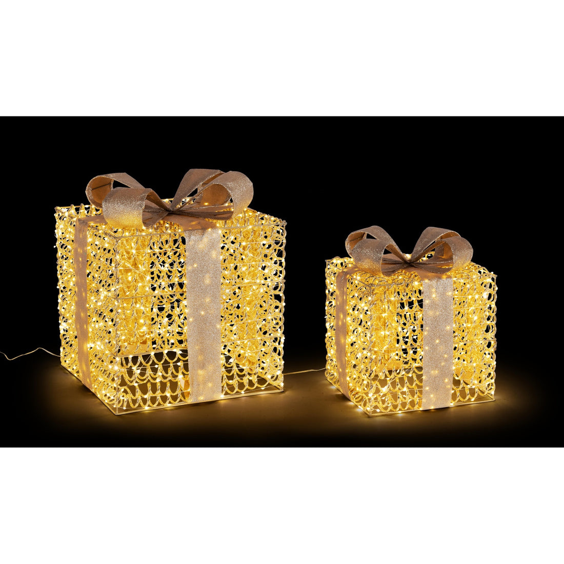Bizzotto Set 2 Pacchi Regalo Zoe Oro con Micro LED Classic 30x30x36 e 40x40x47 cm Decorazioni Natalizie Luminose
