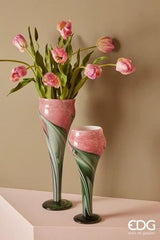 EDG Enzo De Gasperi Tulip Vase with Goblet H 45 Cm D 13 Cm Gift Box Green Pink 