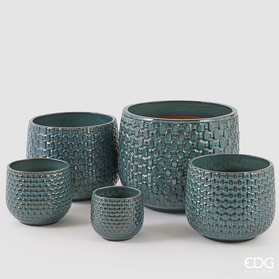 EDG Enzo De Gasperi Vase Cachepot Bombé à Carreaux Céramique Teal – Set 5 Pcs