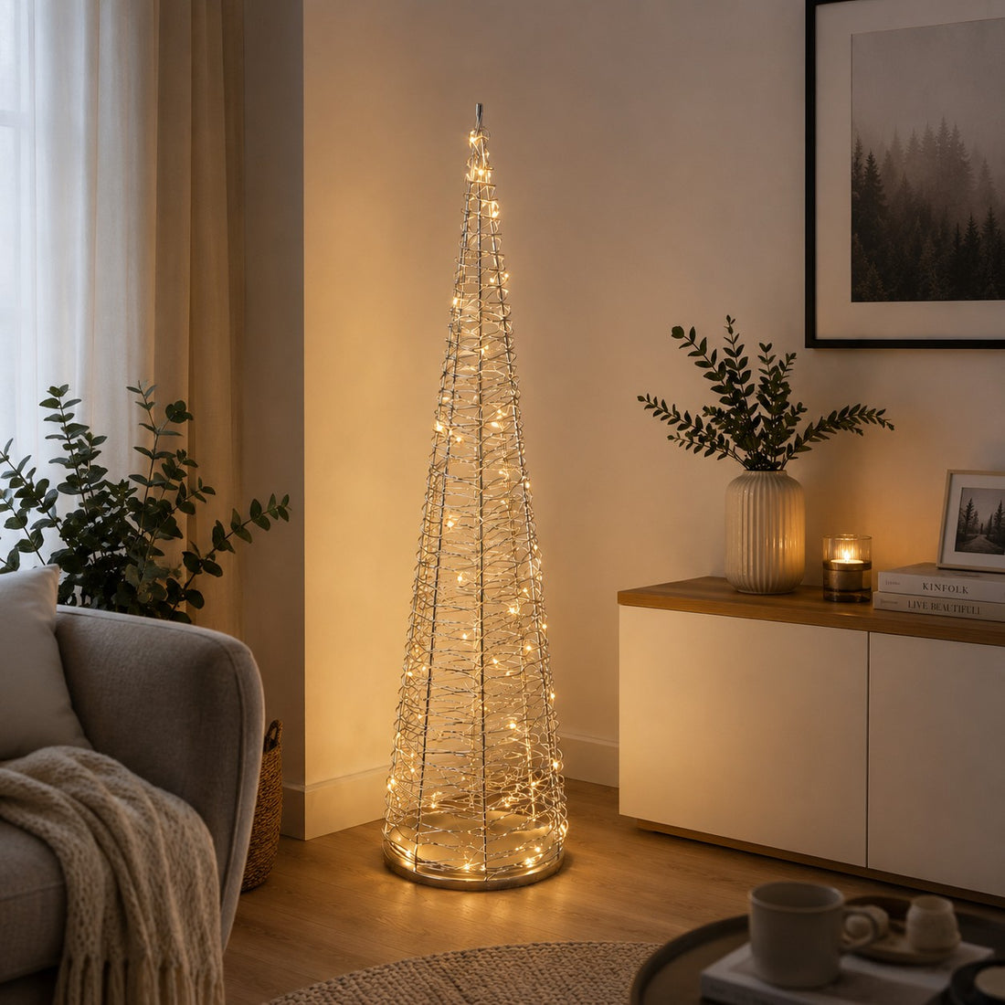 Ad Trend Sapin de Noël or en PE avec 50 LED à Pile lumière chaude H 100 cm
