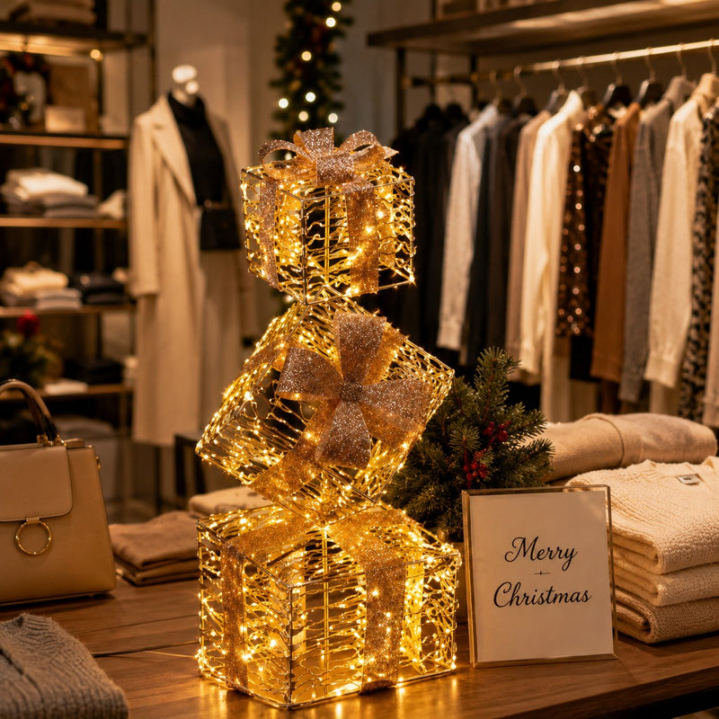 Ad Trend Torre Pacchi Regalo di Natale Oro 400 LED da Interno/Esterno 25x25x77 cm 1 Pz