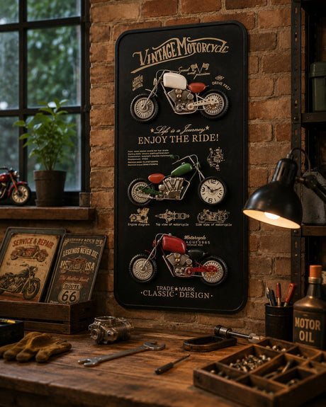 Cadeau italien, Décoration de moto vintage avec horloge en métal 60 x 12 x 8 cm - Style industriel