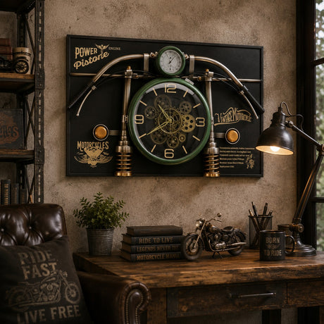 Horloge Murale Moto Vintage Verte avec Engrenages 90 x 60 x 17 cm Métal