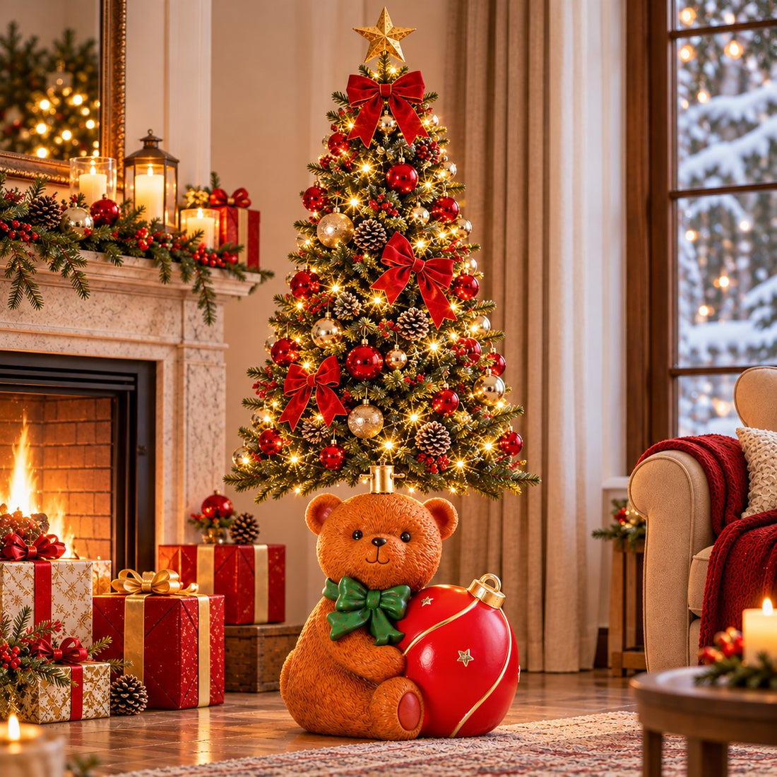 Ad Trend Base per Albero di Natale con Sfera Magica, Orso e Luci LED 42x35xH46 cm – Decorazione Natalizia Luminosa