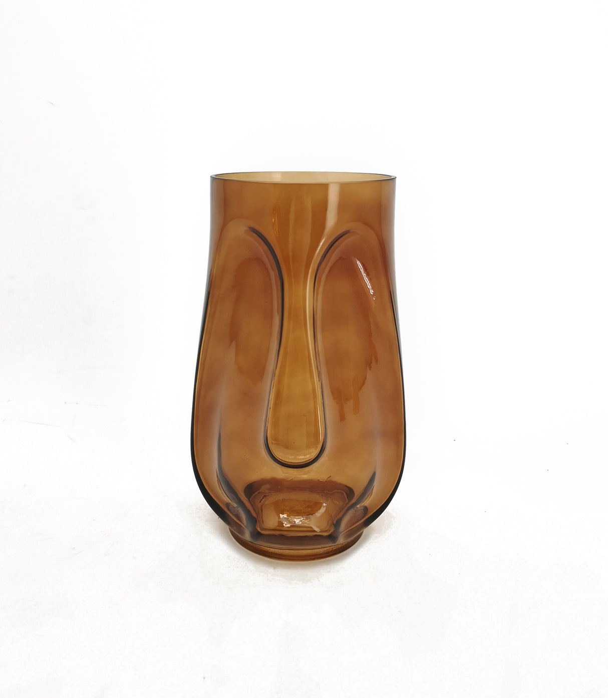 Vase En Verre Tête Tribale D 12 - 15,5 Cm H 25 Cm Ambre