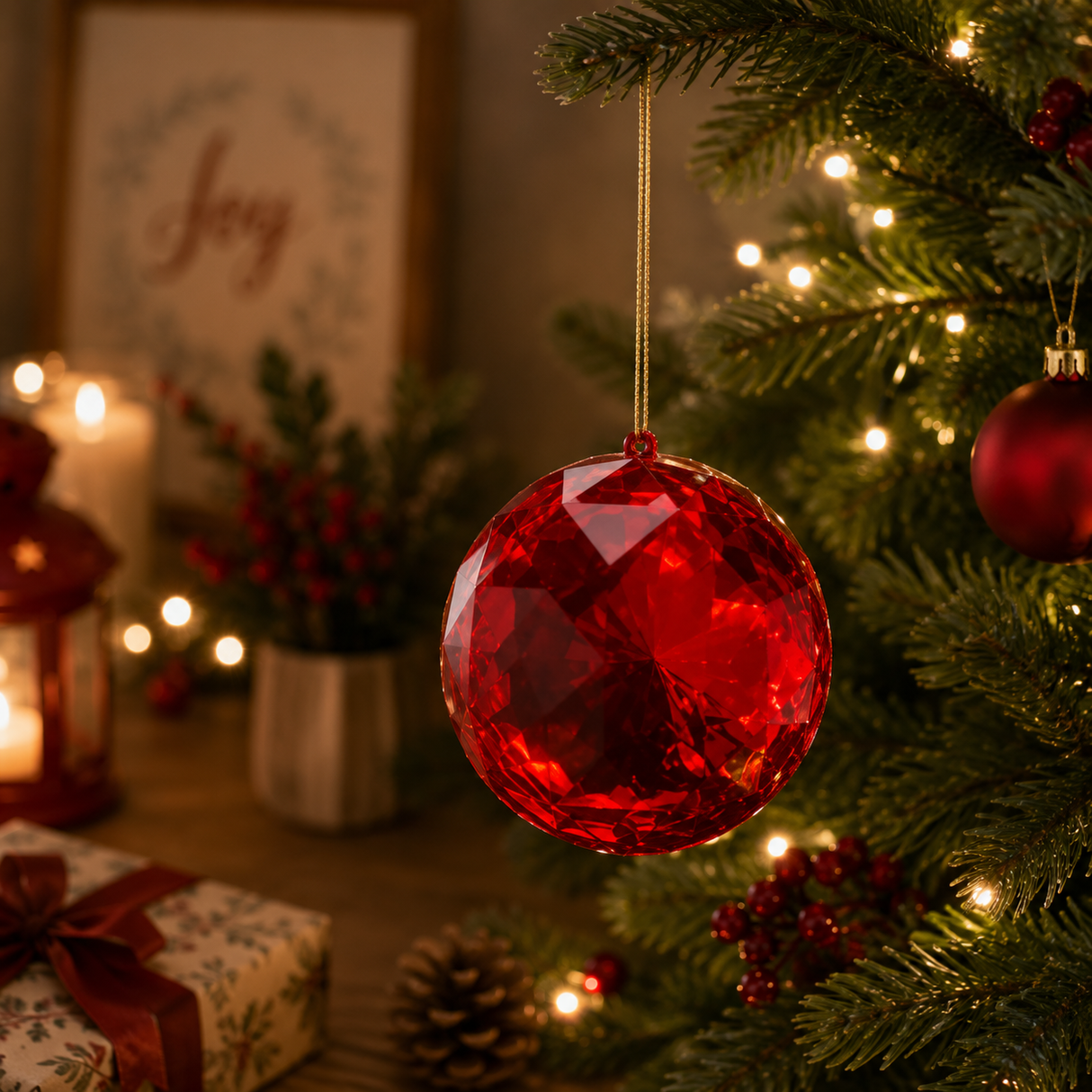 Décoration de Noël en forme de diamant rond EDG Enzo De Gasperi, à suspendre, Ø 12,5 cm, L 6,5 cm, rouge.